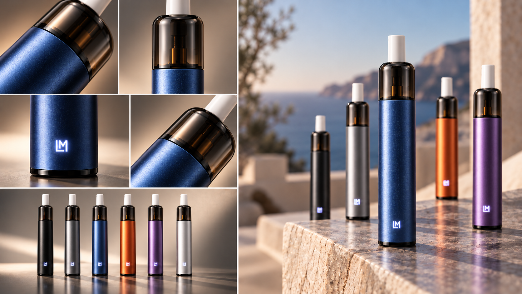 Fusion One hybrid device collection showing detail finishes and six color variants on a coastal stone surface