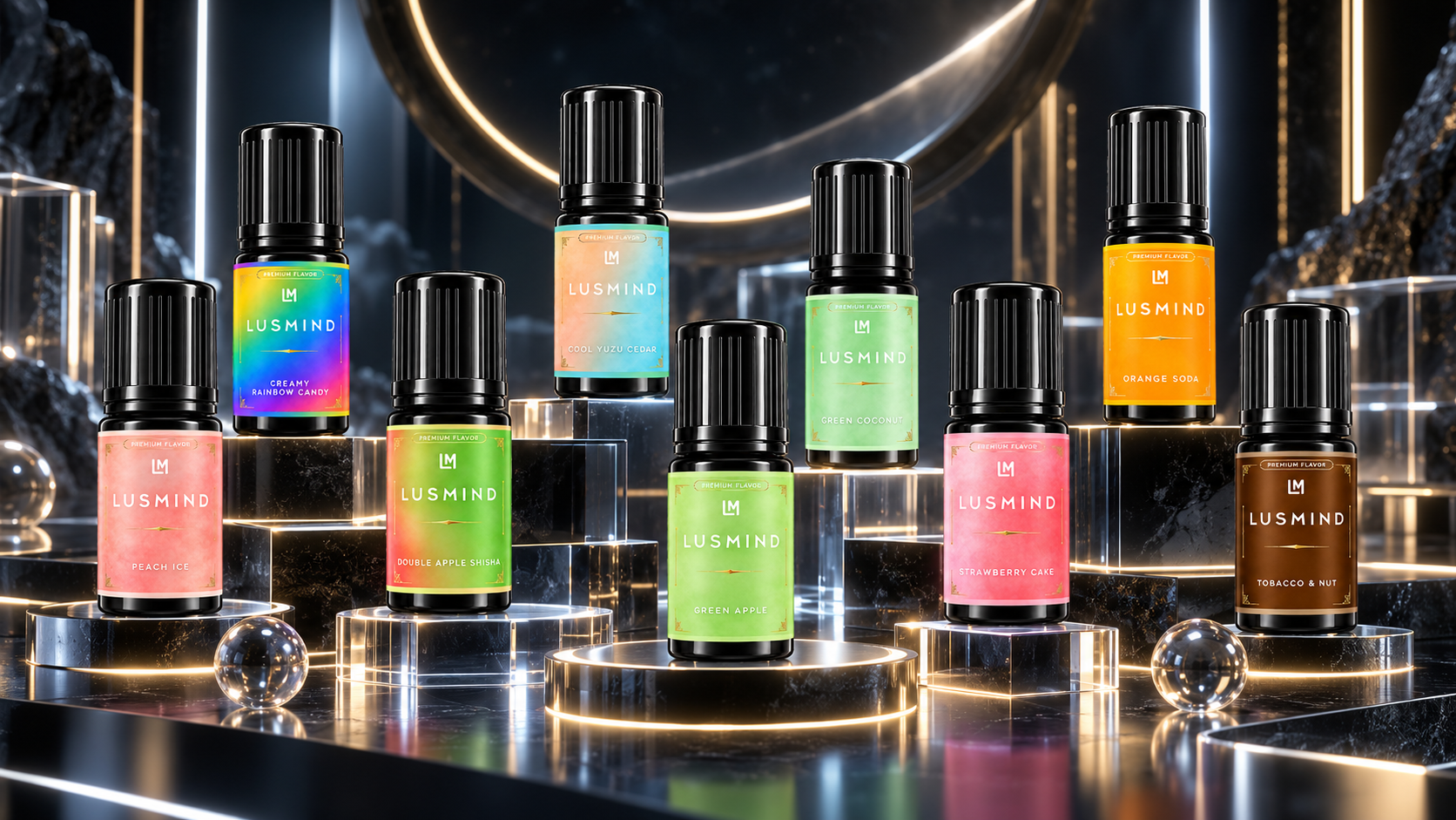 Lusmind e-liquid bottle range displayed on illuminated black and glass plinths