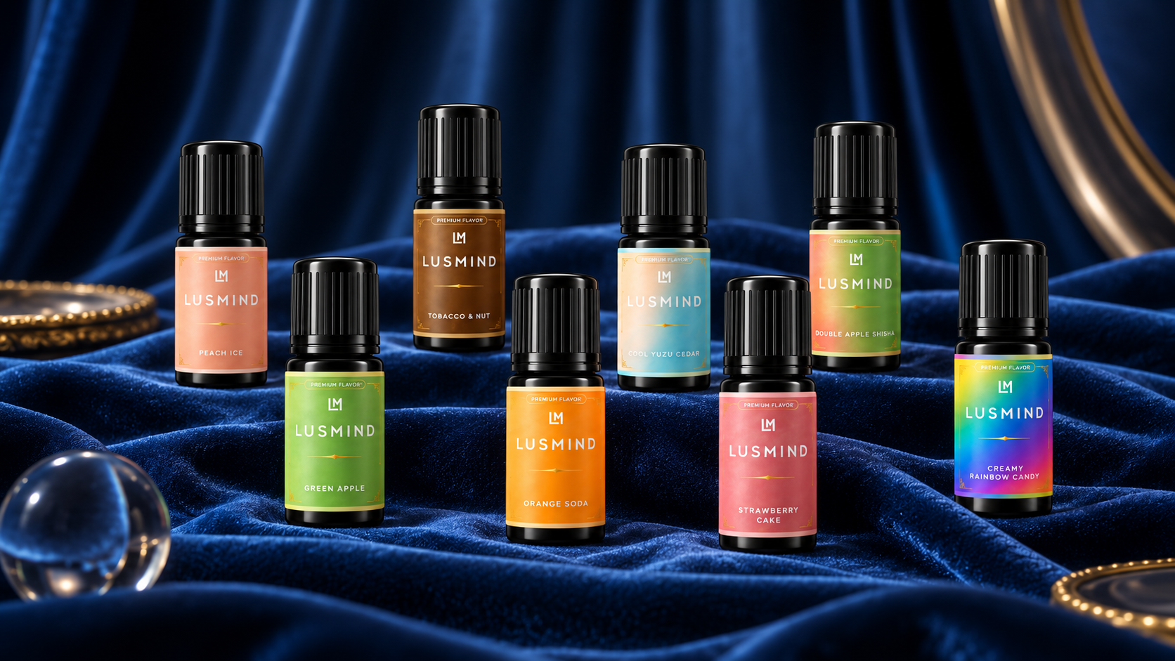 Lusmind e-liquid range displayed on illuminated black and glass plinths