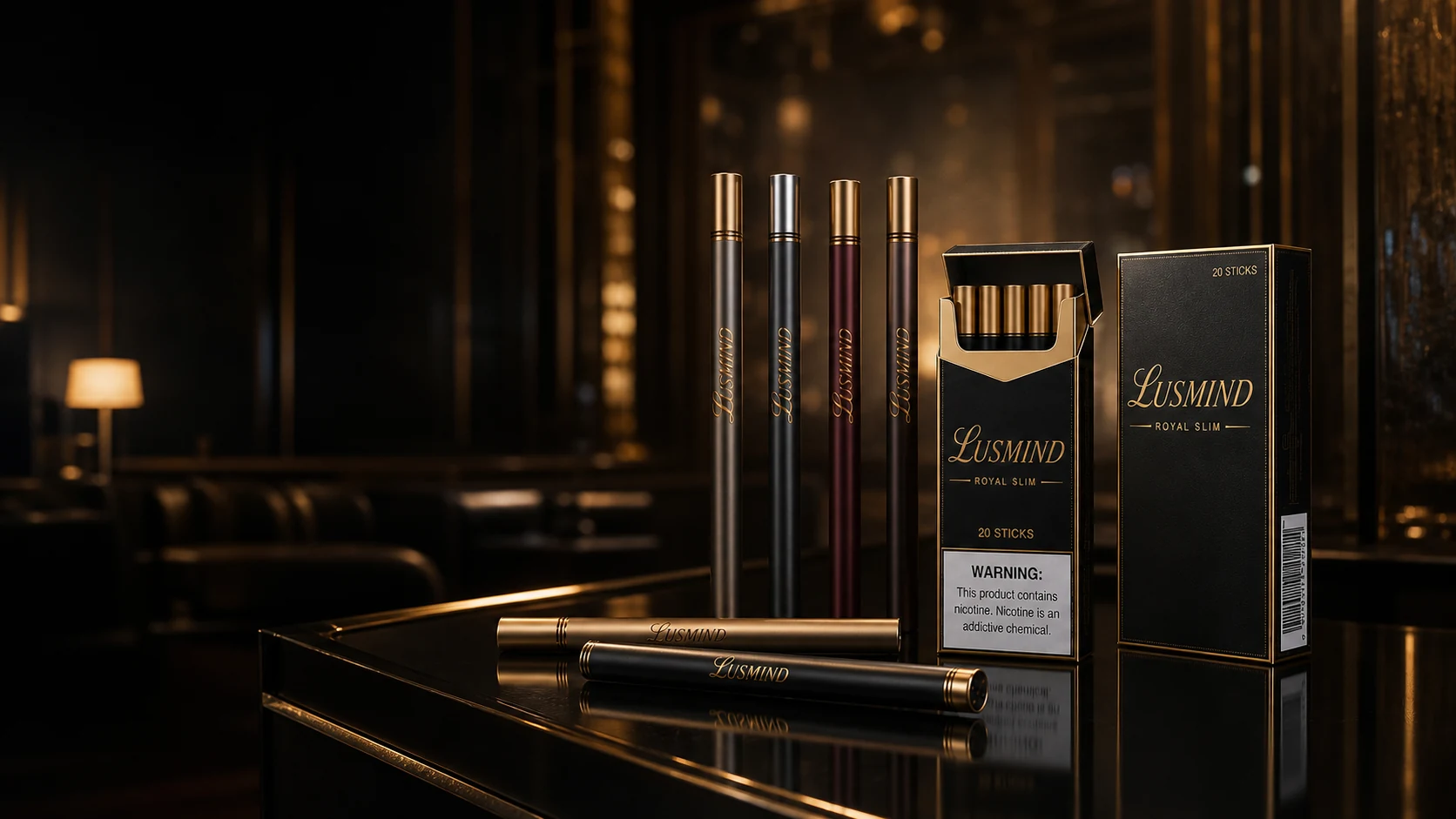 Lusmind Royal Slim presented in a black and champagne hospitality setting