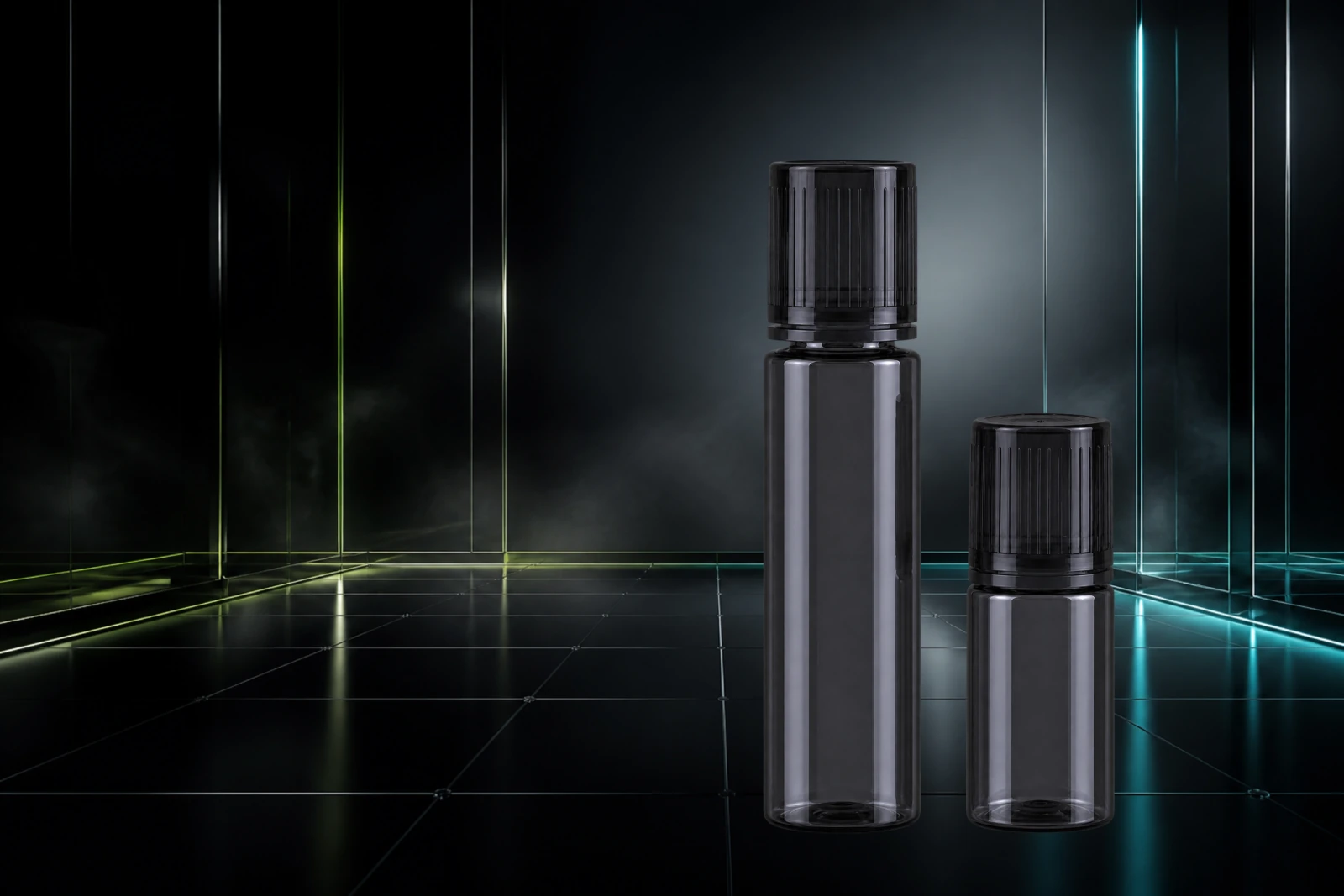 Tall and compact smoked e-liquid bottle formats presented together