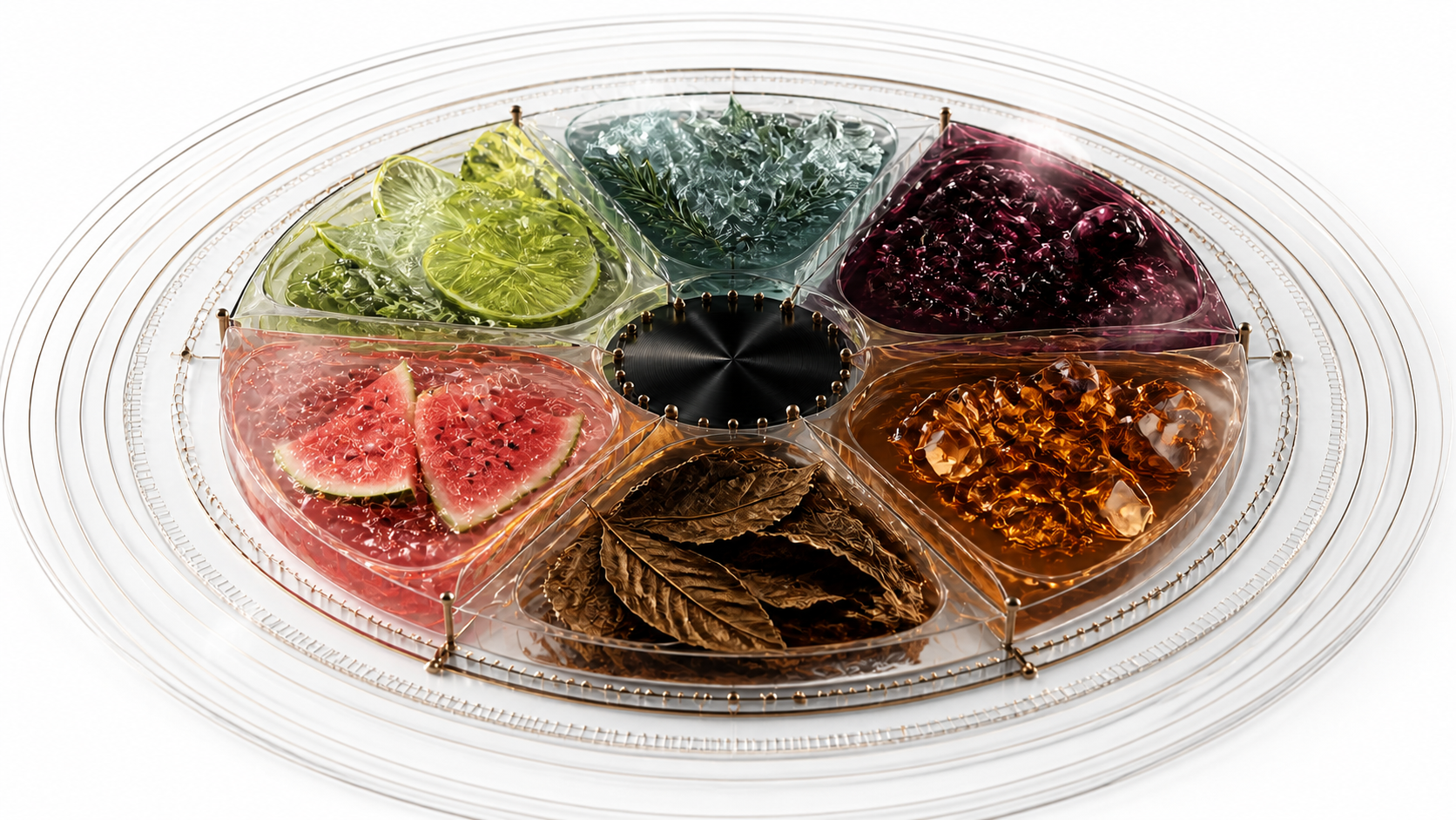 A circular flavor atlas containing watermelon, citrus, cooling botanicals, berry, amber and tobacco directions