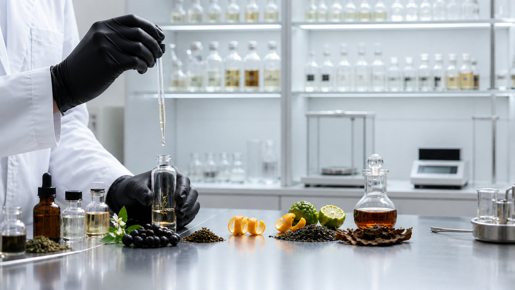 A perfumer in a clean white laboratory evaluating flavor materials and extracts