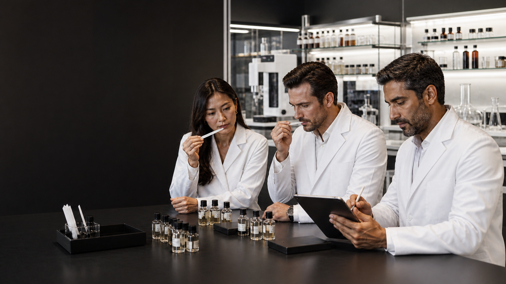 Three laboratory perfumers conducting a structured aroma panel